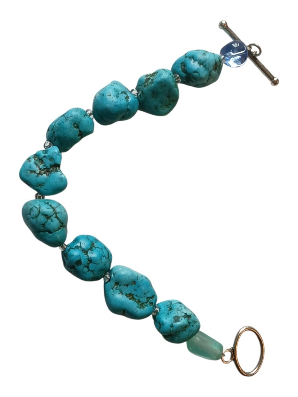 Vintage Chunky Turquoise Nugget Toggle Bracelet, Silvertone Boho Statement Piece